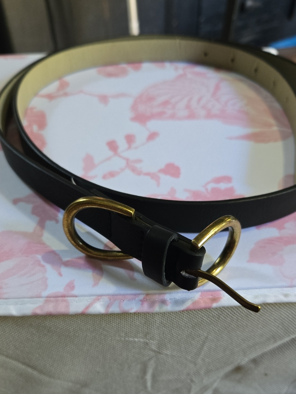 Classic Black Leather Belt with Gold Double-Ring Buckle